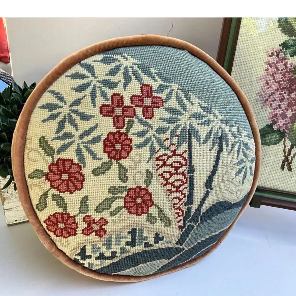 Vintage round needlepoint pillow trees and flowers funky 1950's needlepoint